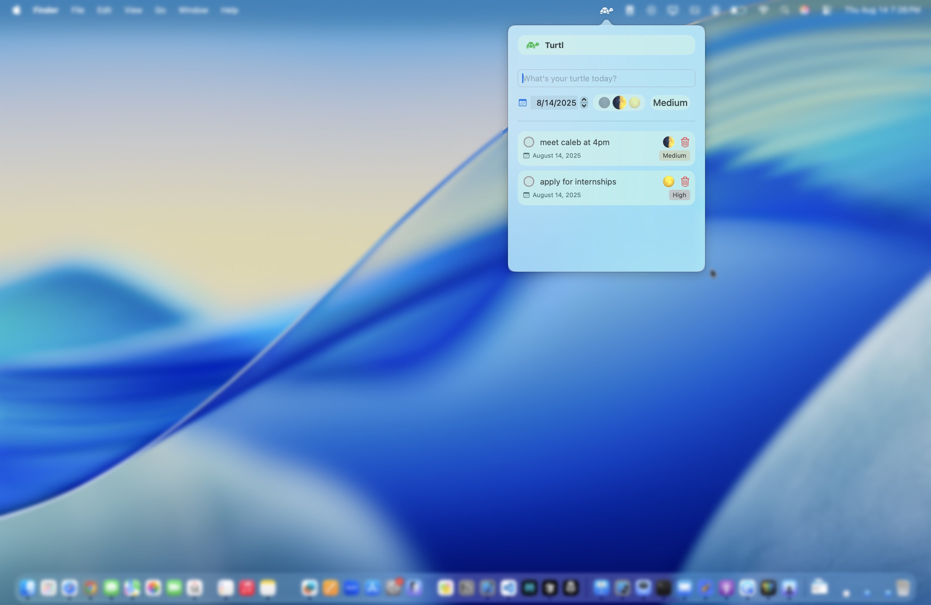 Turtl menu bar app interface showing task scheduling